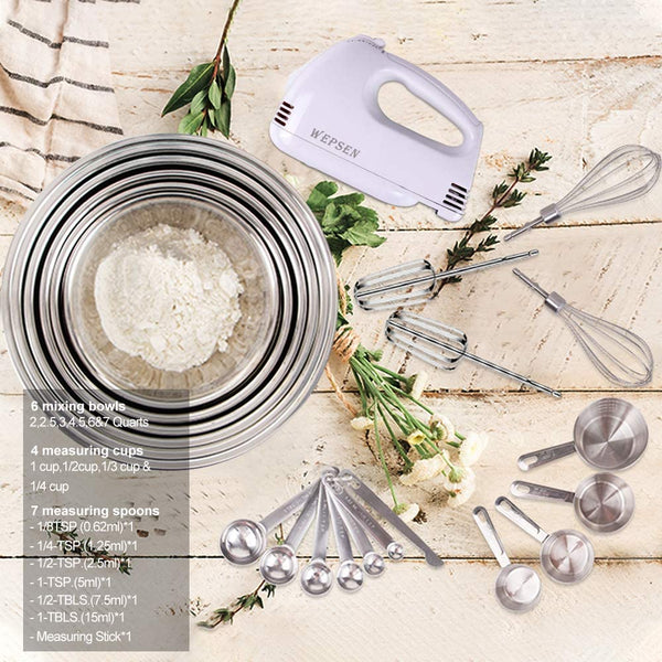 Electric Hand Mixer Mixing Bowls Set, Upgrade 5-Speeds Mixers with 6 Nesting Stainless Steel Mixing Bowl, Measuring Cups and Spoons Whisk Blender