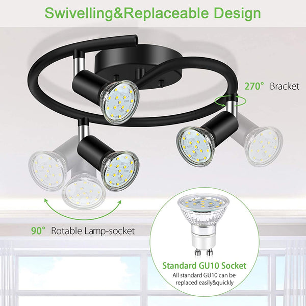 Unicozin 3-Light Spiral LED Track Lighting Kit, Black 3 Way Ceiling Spot Lighting, Included 3 x GU10 LED Bulbs (4W, Daylight White 5000K, 400LM, Non-Dimmable), Rotatable Light Head Track Light