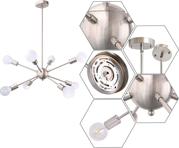 Sputnik Chandelier 8 Lights Ceiling Lamp Nickel Modern Ceiling Light Fixture Industrial Vintage Pendant Lighting for Dining Room Kitchen Living Room Bedroom Foyer