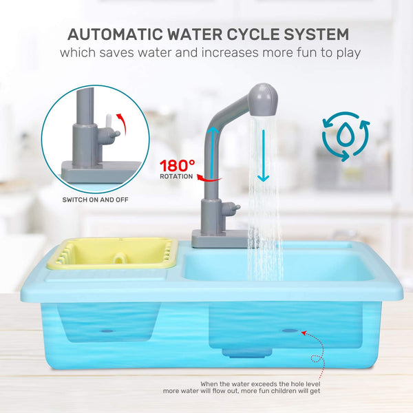 Color Changing Kitchen Sink Toys, Children Heat Sensitive Electric Dishwasher Playing Toy with Running Water, Automatic Water Cycle System