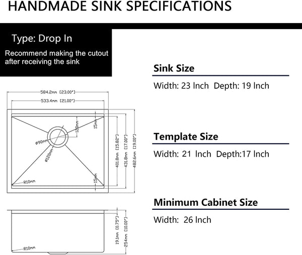 23 Inch Sink-Mocoloo 23"x19" Inch 16 Gauge Stainless Steel Kitchen Sink 10" Deep Single Bowl and offset drain, Tight radius corner, all-in-one accessory