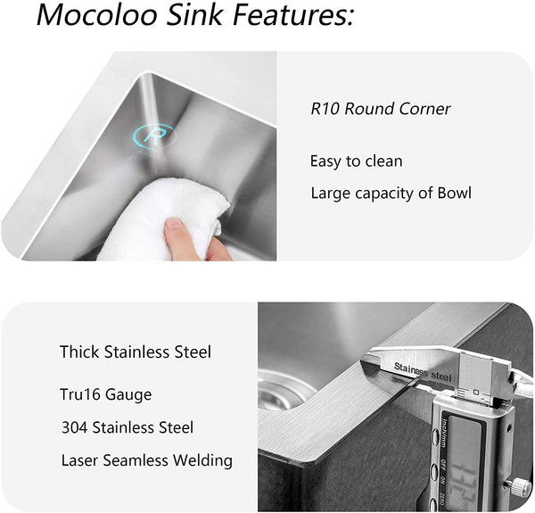 23 Inch Sink-Mocoloo 23"x19" Inch 16 Gauge Stainless Steel Kitchen Sink 10" Deep Single Bowl and offset drain, Tight radius corner, all-in-one accessory