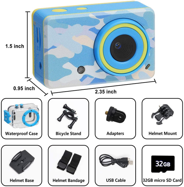 Waterproof Children Digital Camera for Kids Birthday Gifts Age 3-10,FHD Video Toddler Toy Camera  with 32GB SD Card (Blue)