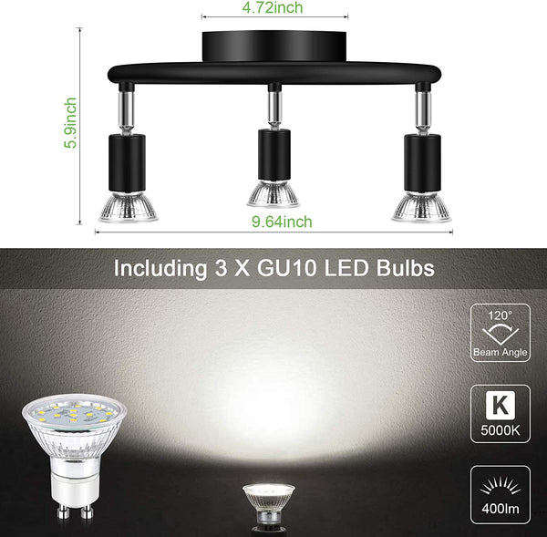Unicozin 3-Light Spiral LED Track Lighting Kit, Black 3 Way Ceiling Spot Lighting, Included 3 x GU10 LED Bulbs (4W, Daylight White 5000K, 400LM, Non-Dimmable), Rotatable Light Head Track Light