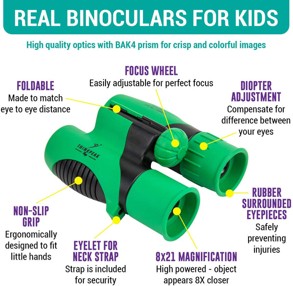 Think Peak Toys Binoculars for Kids, Toy for Sports and Outdoor Play, Spy Gear and Learning Gifts for Boys & Girls, Green