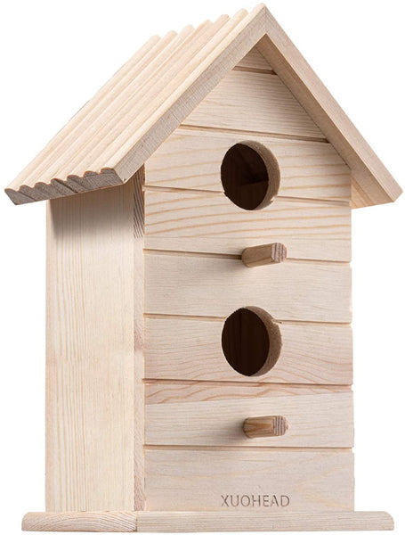 XUOHEAD Solid Wood Aviary, Weatherproof Cedar Bird House Outdoor Decor with 2 Openings, 2 Perches for Outside Bluebird, Finch, Wren, Chickadee, Wild Birds