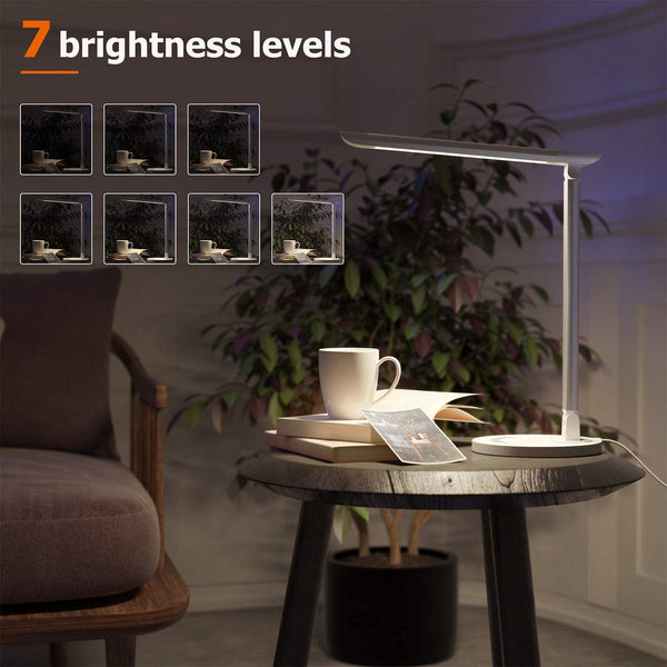 LED Desk Lamp, Eye-caring Table Lamps, Dimmable Office Lamp with USB Charging Port, 5 Lighting Modes with 7 Brightness Levels, Touch Control, White, 12W