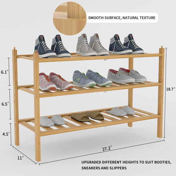 BAMFOX 3-Tier Shoe Rack,Bamboo Stackable Shoe shelf Storage Organizer For Entryway, Hallway, and Closet