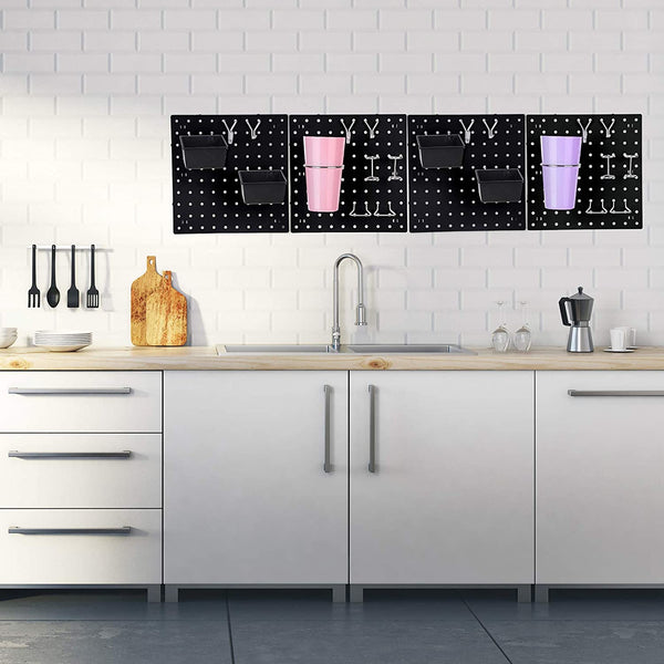 4 Pieces Pegboard Wall Mount Display Pegboard Wall Panel Kits Pegboard Organizer Accessories, 2 Installation Methods, No Damage to The Wall for Garage Kitchen Bathroom Office
