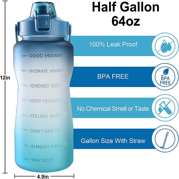 64oz Leakproof Free Drinking Water Bottle with Motivational Time Marker BPA Free for Fitness, Gym and Outdoor Sports (Navy/Green Gradient)