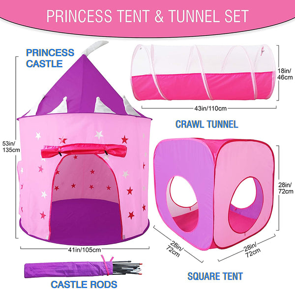 Gift for Girls, Princess Tent with Tunnel, Kids Castle Playhouse & Princess Dress up Pop Up Play Tent Set, Glow in The Dark Stars, Indoor
