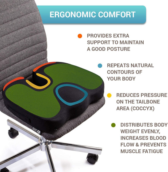 Seat Cushion Pillow for Office Chair - 100% Memory Foam Firm Coccyx Pad - Tailbone, Sciatica, Lower Back Pain Relief - Contoured Posture Corrector for Car, Wheelchair, Computer and Desk Chair