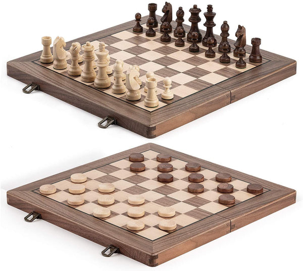 A&A 15" Folding Wooden Chess & Checkers Set w/ 3" King Height Chess Pieces / 2 Bonus Queen/German Knight Staunton Wooden Chessmen/Walnut Box w/Walnut & Maple Inlay / Classic Board Game
