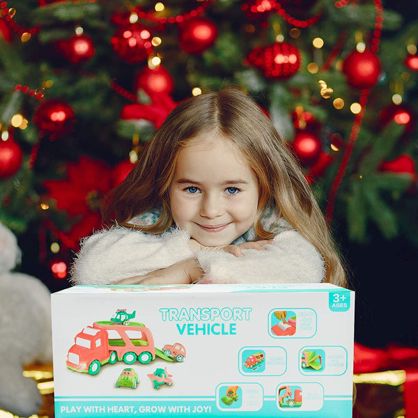 Cartoon Vehicles Toddler Girl Toys Friction Powered Pink Toy Car Carrier Transport Truck with Light & Sound 5 in 1 Toy Cars /Airplane /Helicopter Birthday Gift Toys
