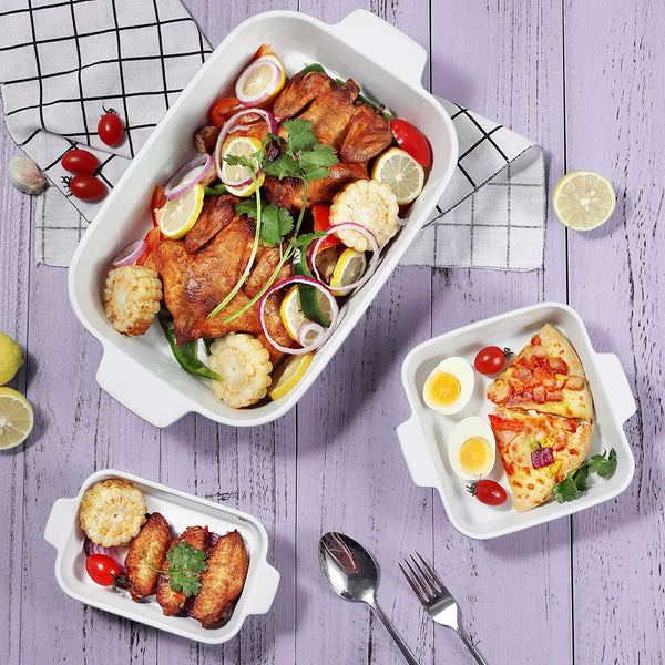 3-Piece Ceramic Baking Dish, Premium Grade and Eco-Friendly Porcelain,  Rectangular Baking Dish for Cake Dinner, Banquet and Daily Use，12.8 x 8.9 Inches,Easy to Clean (Blueviolet)
