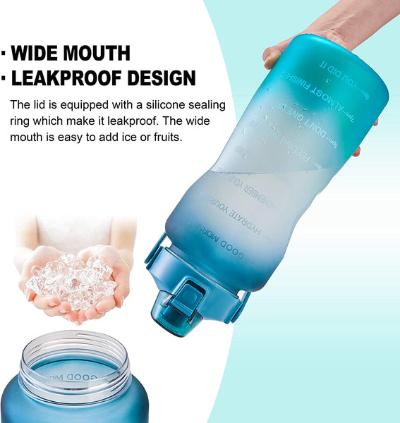 64oz Leakproof Free Drinking Water Bottle with Motivational Time Marker BPA Free for Fitness, Gym and Outdoor Sports (Navy/Green Gradient)