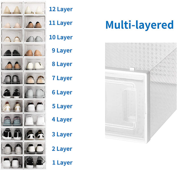 10 Pack Shoe Storage Boxes, Clear Plastic Stackable Shoe Organizer Bins, Drawer Type Front Opening Sneaker Shoe Holder Containers