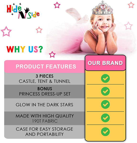 Gift for Girls, Princess Tent with Tunnel, Kids Castle Playhouse & Princess Dress up Pop Up Play Tent Set, Glow in The Dark Stars, Indoor