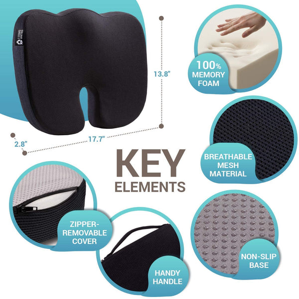 Seat Cushion Pillow for Office Chair - 100% Memory Foam Firm Coccyx Pad - Tailbone, Sciatica, Lower Back Pain Relief - Contoured Posture Corrector for Car, Wheelchair, Computer and Desk Chair