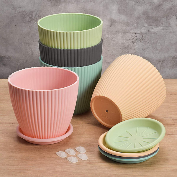 6 inch Plastic Planters with Saucers, Set of 5 Indoor Flower Plant Pots Modern Decorative Gardening Pot with Drainage Hole for All House Plants
