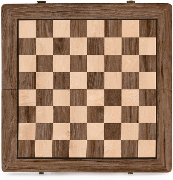 A&A 15" Folding Wooden Chess & Checkers Set w/ 3" King Height Chess Pieces / 2 Bonus Queen/German Knight Staunton Wooden Chessmen/Walnut Box w/Walnut & Maple Inlay / Classic Board Game