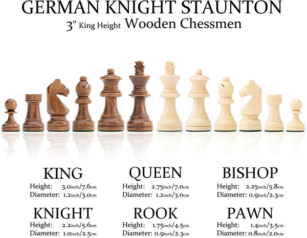 A&A 15" Folding Wooden Chess & Checkers Set w/ 3" King Height Chess Pieces / 2 Bonus Queen/German Knight Staunton Wooden Chessmen/Walnut Box w/Walnut & Maple Inlay / Classic Board Game
