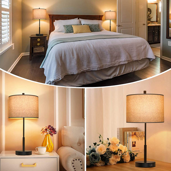 Set of 2 Touch Control Tall Table Lamps with 2 USB Ports, 3-Way Dimmable Modern Bedside Nightstand Lamps 22.5inch with Beige Fabric Shades for Bedroom Guestroom Living Room Hotel, 2 LED Bulbs Included