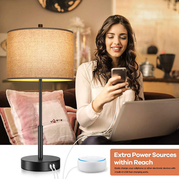 Set of 2 Touch Control Tall Table Lamps with 2 USB Ports, 3-Way Dimmable Modern Bedside Nightstand Lamps 22.5inch with Beige Fabric Shades for Bedroom Guestroom Living Room Hotel, 2 LED Bulbs Included