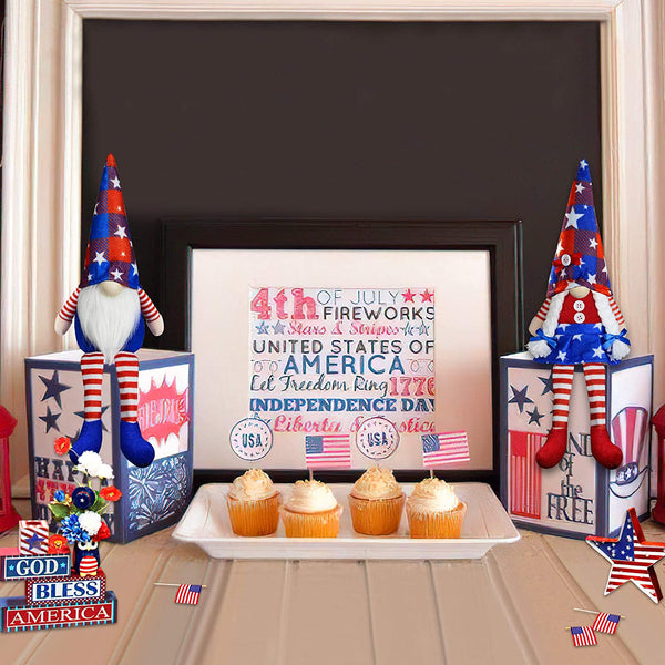2Pcs 4th of July Patriotic Gnomes Plush Decorations - Mr & Mrs Handmade Swedish Tomte Gnomes Ornaments for Patriotic Party Table Decor