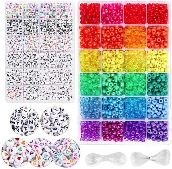 4000pcs Beads Kit, 1600pcs Letter Beads and 2400pcs Large Hole Rainbow Beads, 24 Colors 4 Styles Round Beads Set for DIY Jewelry Making