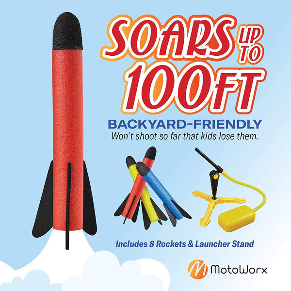 Toy Rocket Launcher – Shoots Up to 100 Feet – 8 Colorful Foam Rockets and Sturdy Launcher Stand With Foot Launch Pad - Gift Toys for Boys and Girls Age 3+ Years Old