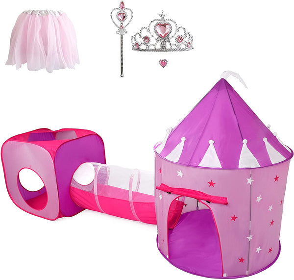Gift for Girls, Princess Tent with Tunnel, Kids Castle Playhouse & Princess Dress up Pop Up Play Tent Set, Glow in The Dark Stars, Indoor