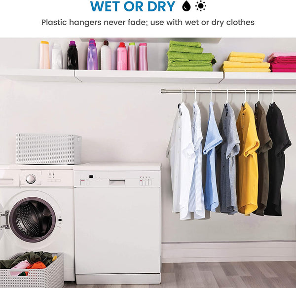 White Standard Plastic Hangers (50 Pack) Durable Tubular Shirt Hanger Ideal for Laundry & Everyday Use, Slim & Space Saving, Heavy Duty Clothes Hanger for Coats, Pants, Dress, Etc. Hangs up to 5.5 lbs