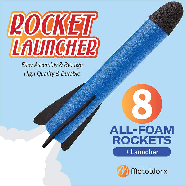 Toy Rocket Launcher – Shoots Up to 100 Feet – 8 Colorful Foam Rockets and Sturdy Launcher Stand With Foot Launch Pad - Gift Toys for Boys and Girls Age 3+ Years Old