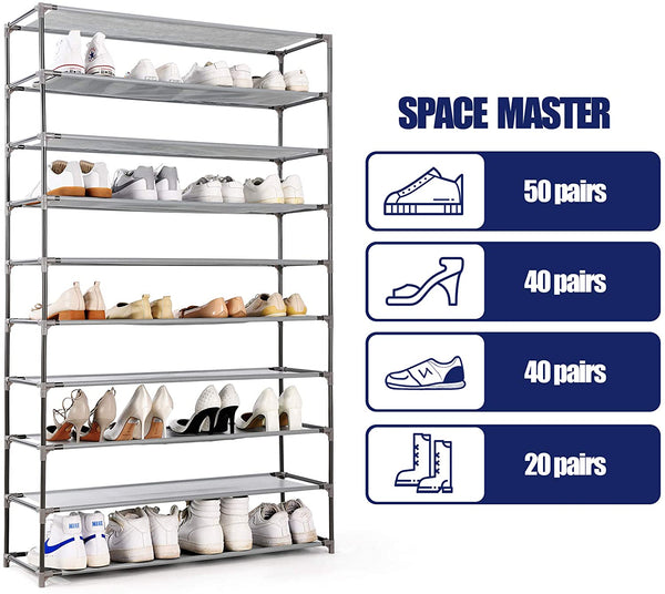 HODYANN 10-Tier Shoe Rack, Non-woven Fabric Storage Organizer, 50 Pairs Space-saving Shoe Tower