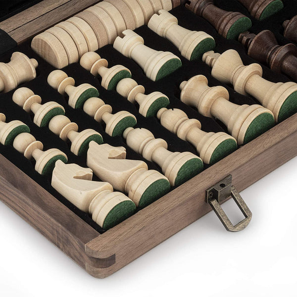 A&A 15" Folding Wooden Chess & Checkers Set w/ 3" King Height Chess Pieces / 2 Bonus Queen/German Knight Staunton Wooden Chessmen/Walnut Box w/Walnut & Maple Inlay / Classic Board Game