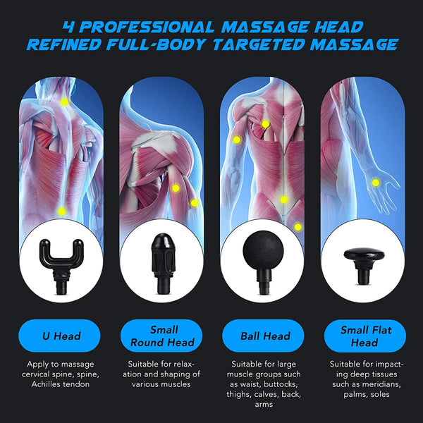 QUOPID Muscle Massage Gun, 8 Adjustable Vibrating Speed Electric Deep Tissue Massager Home Fitness Equipment for Pain Relief & Body Relaxation with 4 Massage Heads