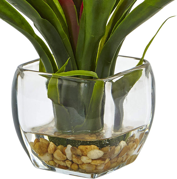 Nearly Natural 1 Bromeliad with Glass Vase Arrangement, 11 x 11 x 12, Red