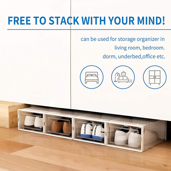 10 Pack Shoe Storage Boxes, Clear Plastic Stackable Shoe Organizer Bins, Drawer Type Front Opening Sneaker Shoe Holder Containers