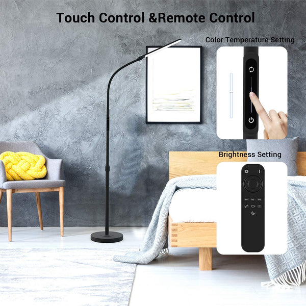 NXONE Led Floor Lamp,Modern Reading Adjustable Standing Height 4 Colors and Stepless Brightness Work Lamp for Living Room Bedroom Reading，Black