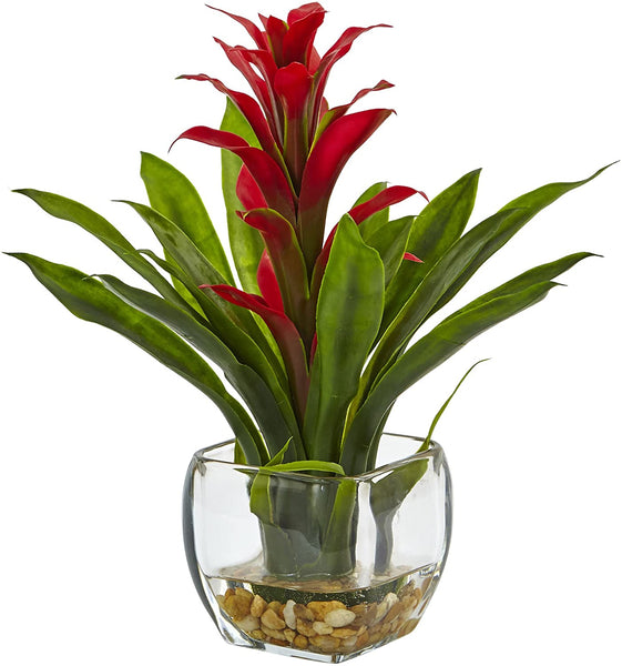 Nearly Natural 1 Bromeliad with Glass Vase Arrangement, 11 x 11 x 12, Red