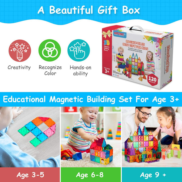 120PCS Kids Magnetic Tiles Building Blocks 2 Car Set Color Magnetic Blocks Toys for Kids Children,Educational Learning Building Toys Birthday Gifts for Boys Girls