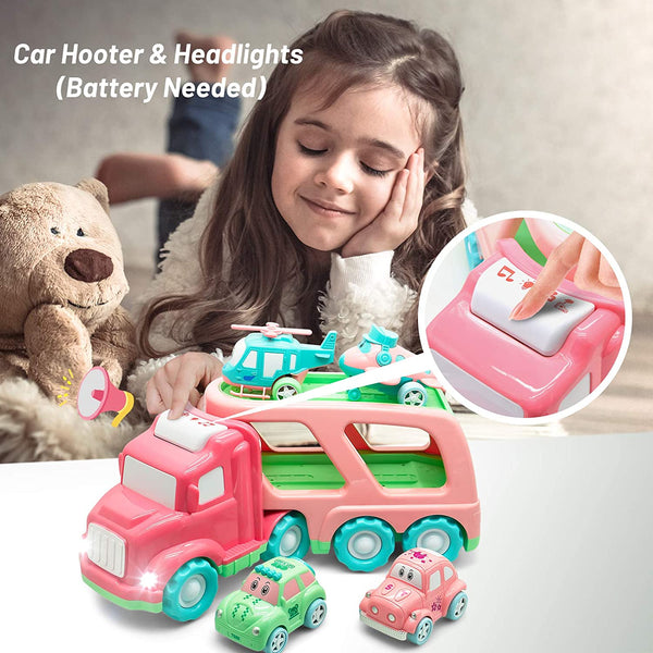 Cartoon Vehicles Toddler Girl Toys Friction Powered Pink Toy Car Carrier Transport Truck with Light & Sound 5 in 1 Toy Cars /Airplane /Helicopter Birthday Gift Toys