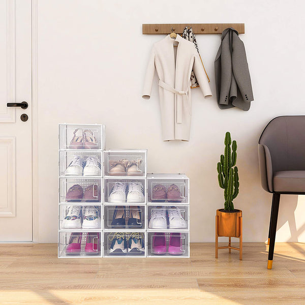 10 Pack Shoe Storage Boxes, Clear Plastic Stackable Shoe Organizer Bins, Drawer Type Front Opening Sneaker Shoe Holder Containers