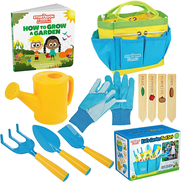 Kids Gardening Tools - Includes Sturdy Tote Bag, Watering Can, Gloves, Shovels, Rake, Stakes - Kids Garden Tool Set for Toddler Age on up.