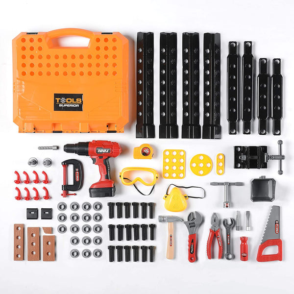 Standard Workbench Toy Tool Play Set, 82 Pieces Construction Work Shop Toy Tool Kit Bench Outdoor Travel Preschool Toy Gift for Kids