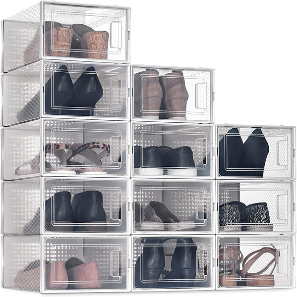 10 Pack Shoe Storage Boxes, Clear Plastic Stackable Shoe Organizer Bins, Drawer Type Front Opening Sneaker Shoe Holder Containers