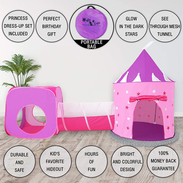Gift for Girls, Princess Tent with Tunnel, Kids Castle Playhouse & Princess Dress up Pop Up Play Tent Set, Glow in The Dark Stars, Indoor
