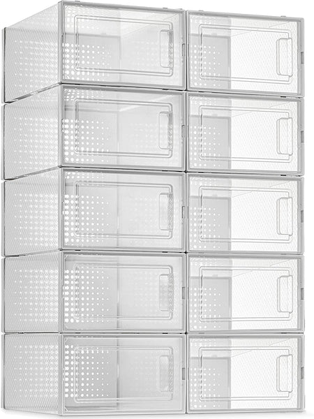 10 Pack Shoe Storage Boxes, Clear Plastic Stackable Shoe Organizer Bins, Drawer Type Front Opening Sneaker Shoe Holder Containers
