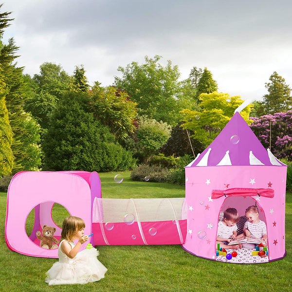 Gift for Girls, Princess Tent with Tunnel, Kids Castle Playhouse & Princess Dress up Pop Up Play Tent Set, Glow in The Dark Stars, Indoor